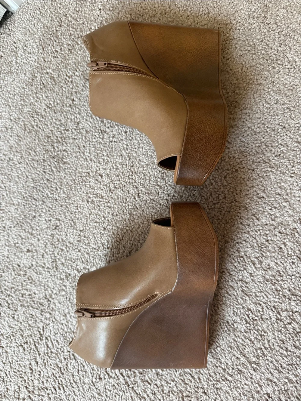 Refresh Tan Brown Peep-Toe Wedge Booties